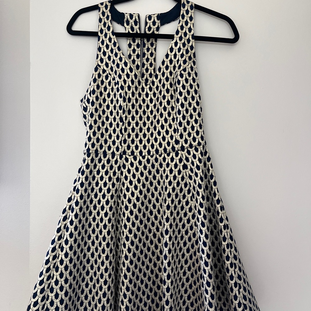 Navy blue and gold A-line mini dress